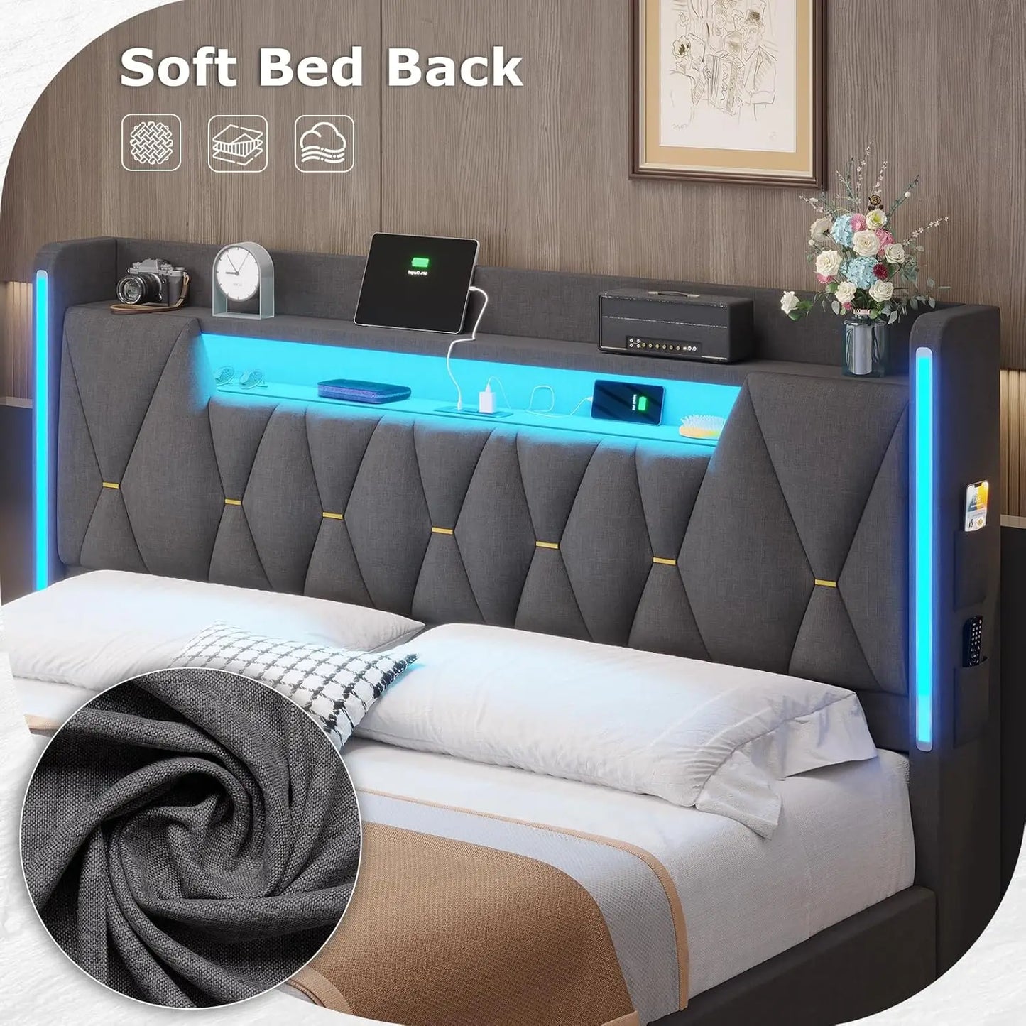 Upholstered King LED Bed Frame with Storage and Charging Station