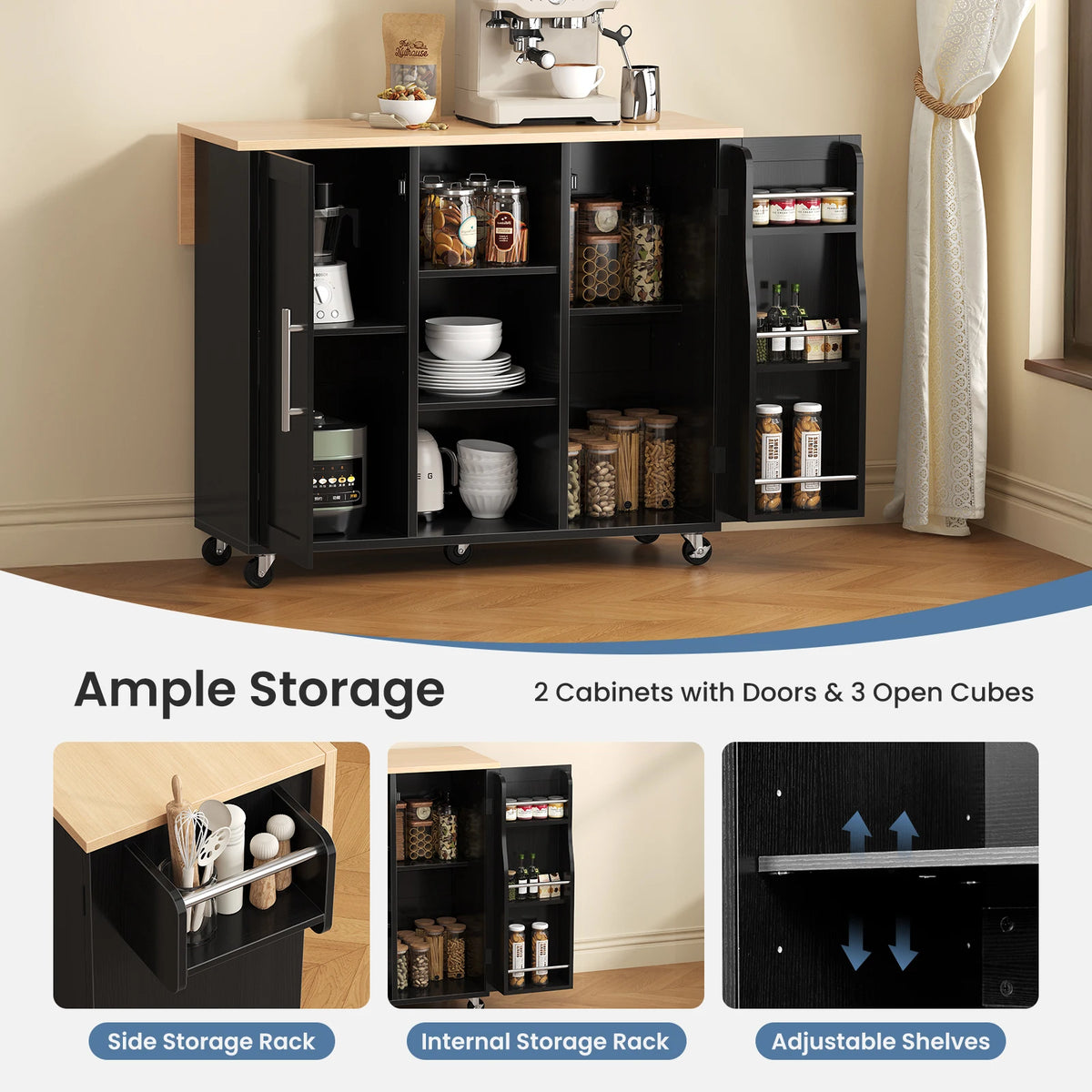 42 Inch Wood Rolling Kitchen Cart with Adjustable Shelves