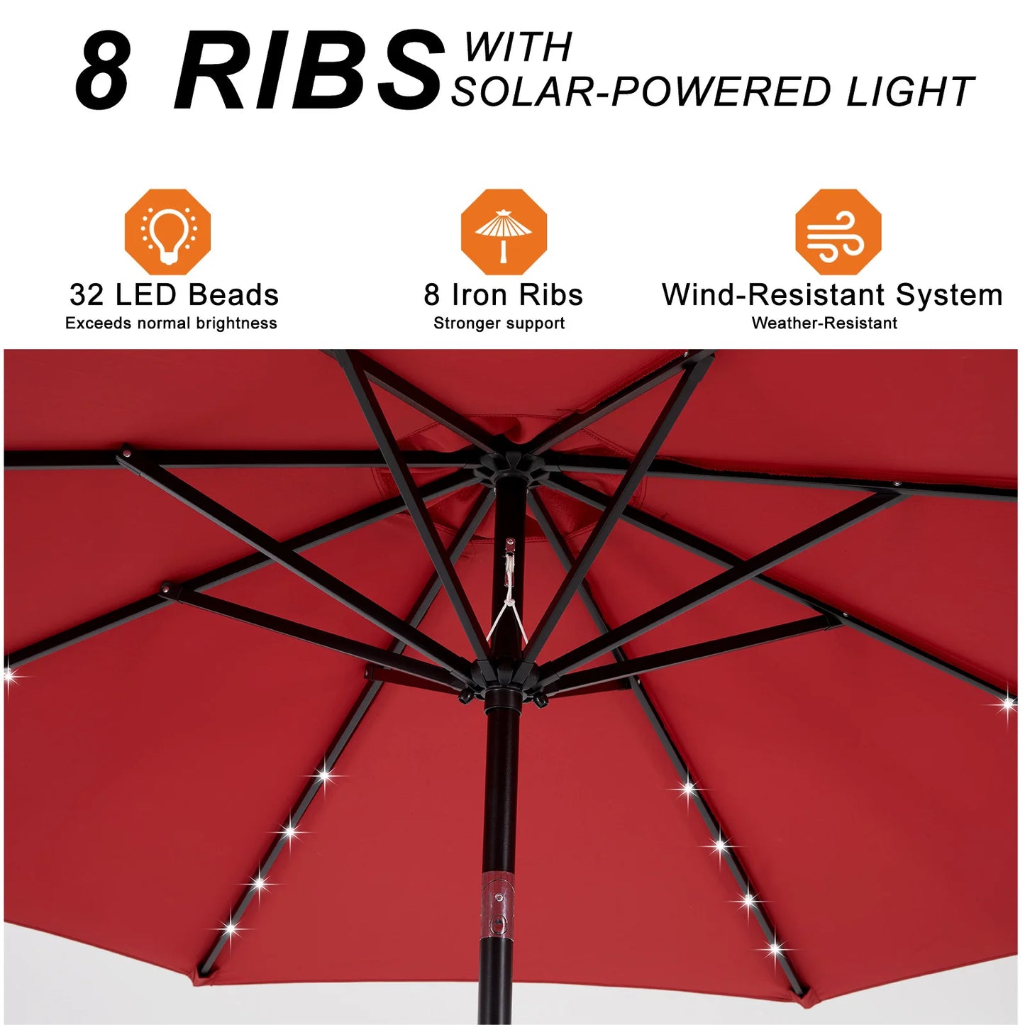 9.5FT Solar Patio Umbrella with 32 LED Lights for your Backyard