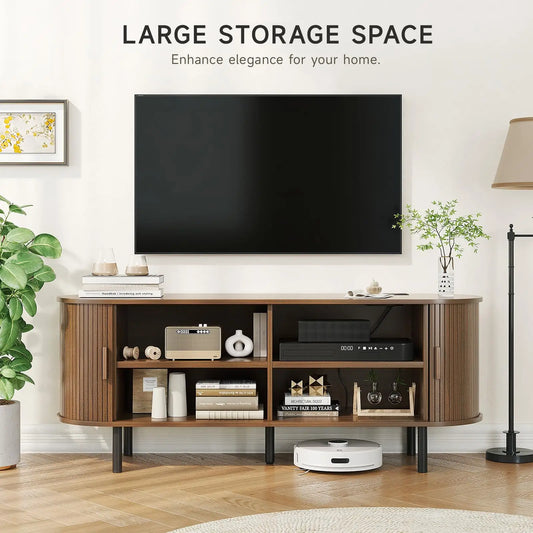 Living Room TV Stand with Power Outlet and Adjustable Shelves
