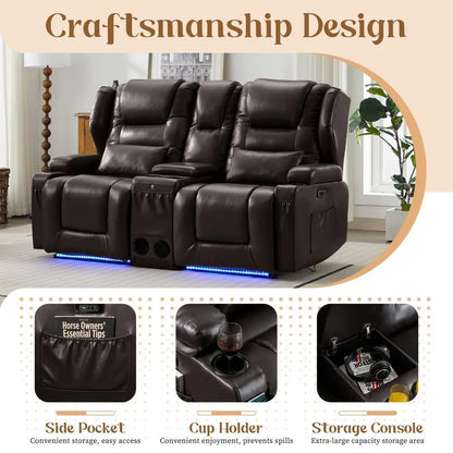 Wall Hugger Power Reclining PU Leather Loveseat Sofa with Cup Holders, LED Light, and USB Ports