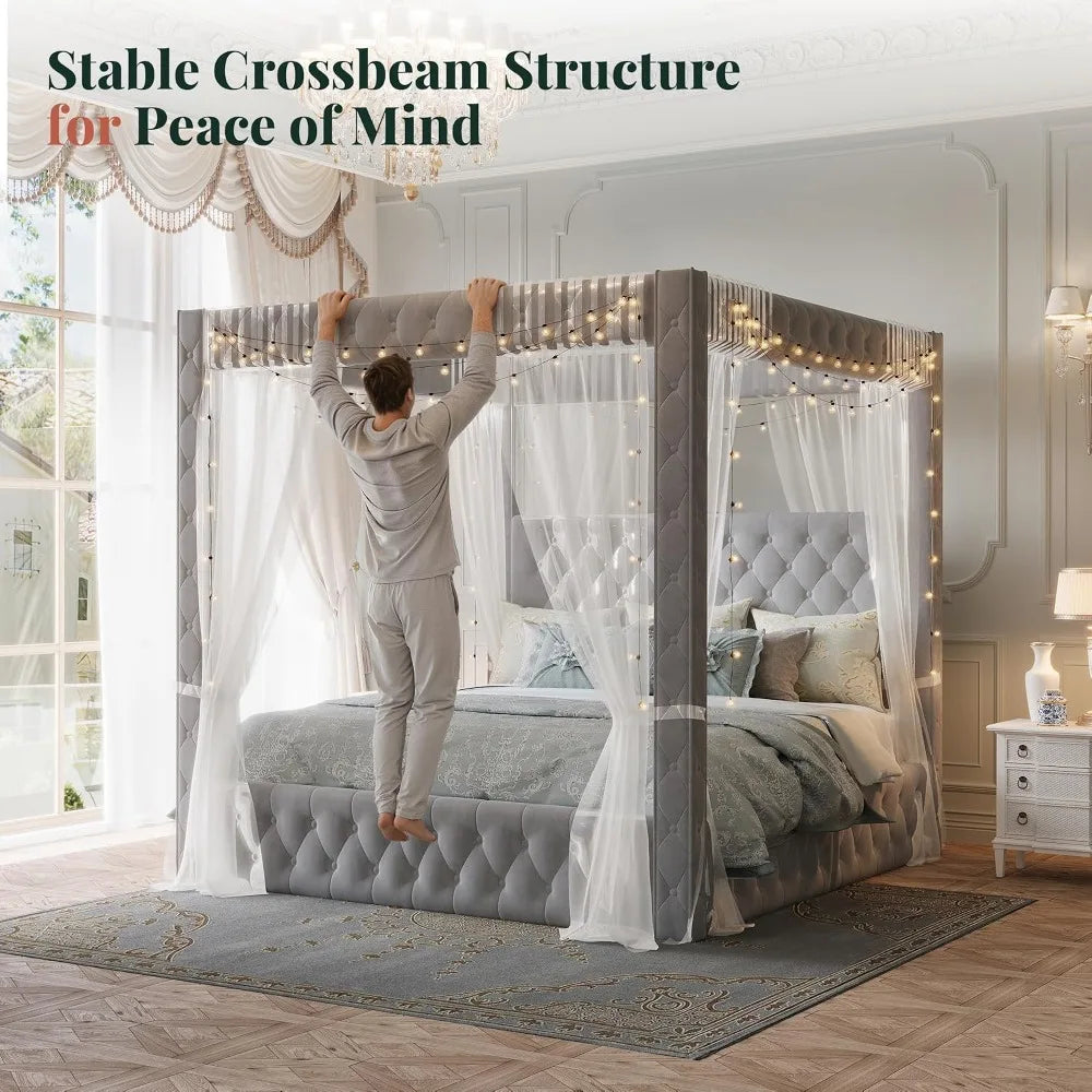 Upholstered Velvet Tufted King size Canopy Bed Frame with Charging Station