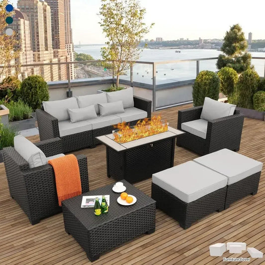Rattan Patio Furniture Set with 45 In Fireplace and ottoman with storage