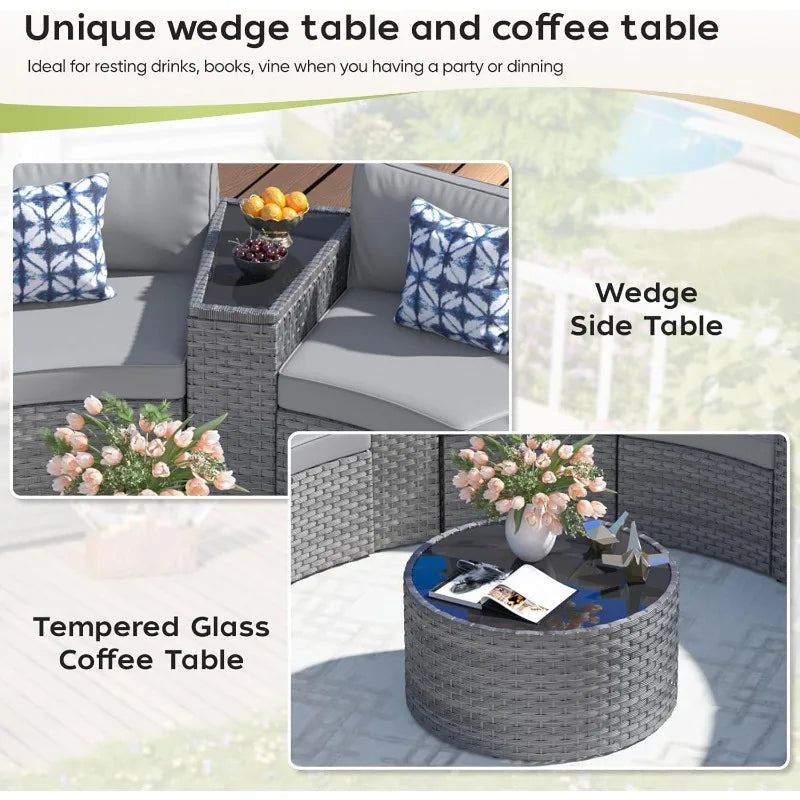 Outdoor Curved Wicker Sectional Patio Furniture Set with Coffee Table and wedge-shaped End Tables