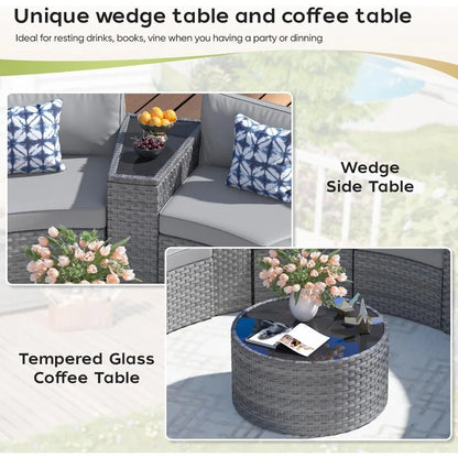 Outdoor Curved Wicker Sectional Patio Furniture Set with Coffee Table and wedge-shaped End Tables