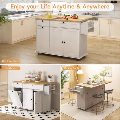 60" Rolling Kitchen Island with Drop Leaf, Power Outlet, and Trash Enclosure