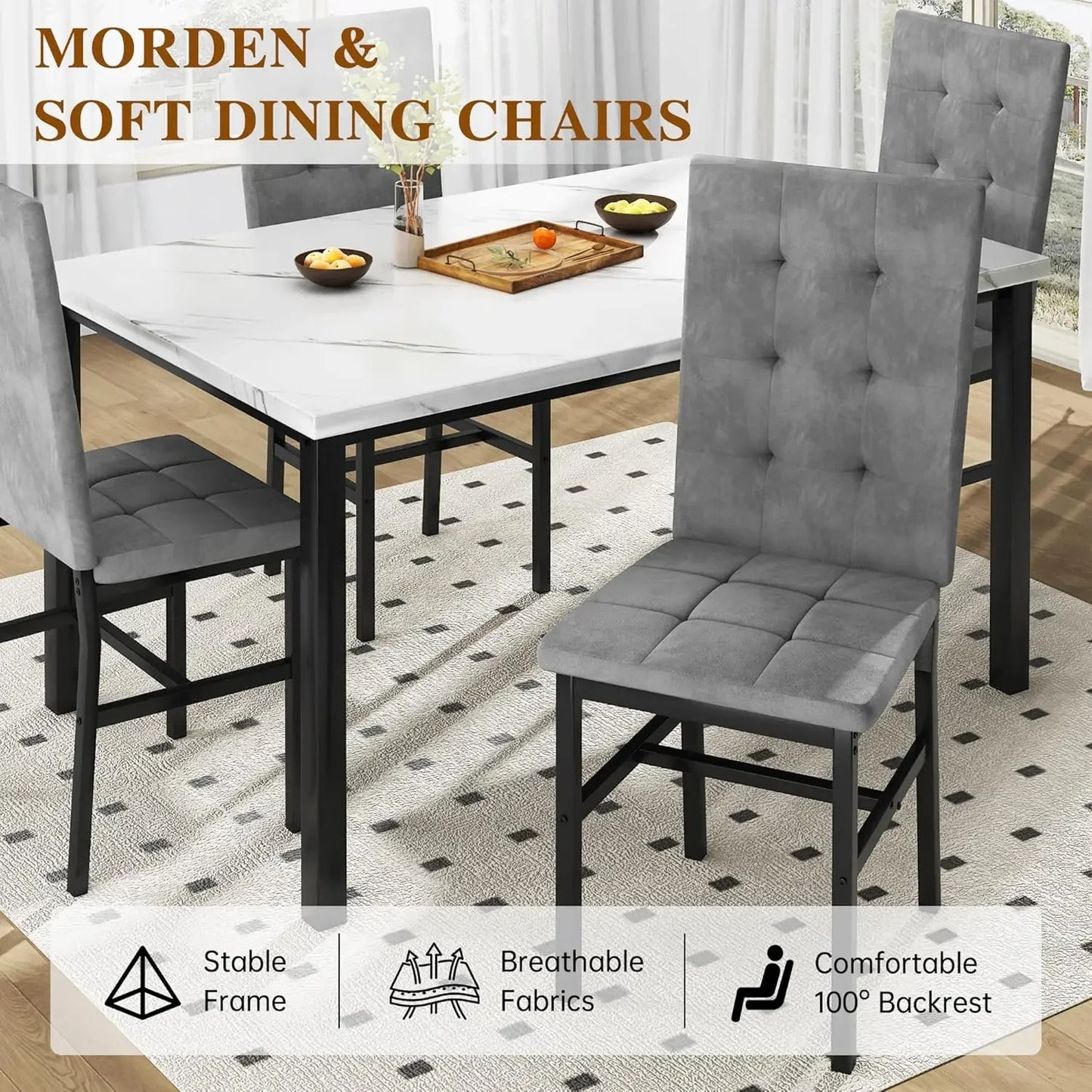 Faux Marble Dining Table Set with 4 Velvet Chairs