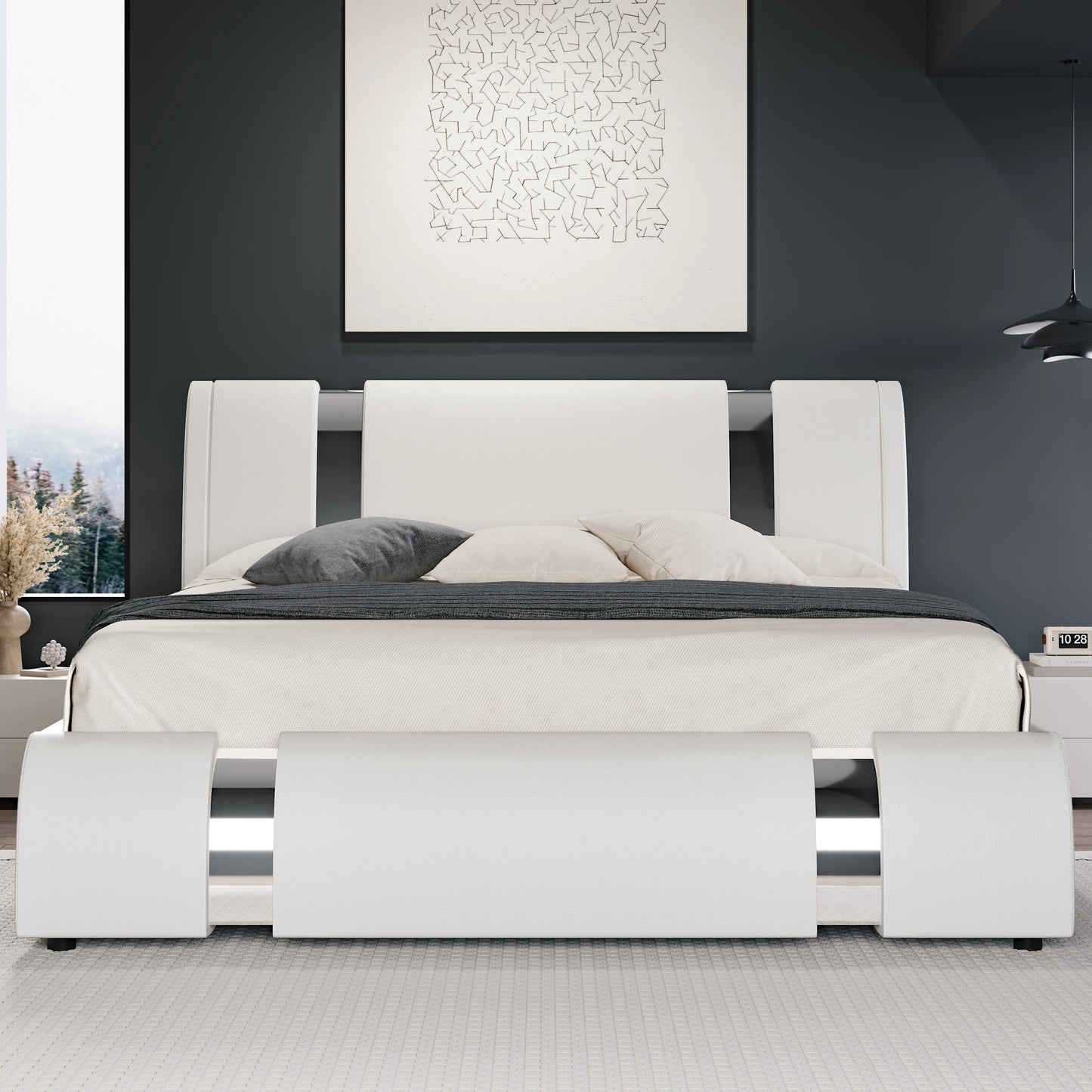 Modern Faux Leather Bed Frame with Iron Decor