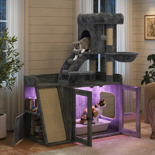 All in One Cat Tree and Litter Box Enclosure with LED Lighting