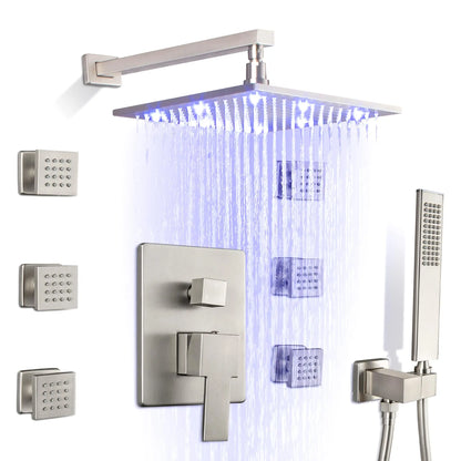 12 Inch LED Rain Shower with 6 Full adjustable Body Jets and a separate Handheld Sprayer