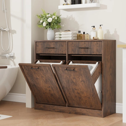 Wood Tilt Out Laundry Hamper Cabinet With Drawers and Baskets