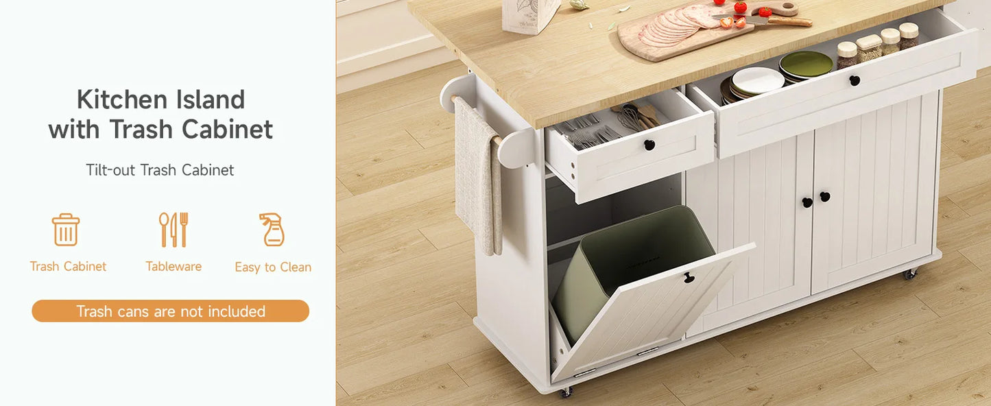 60" Rolling Kitchen Island with Drop Leaf, Power Outlet, and Trash Enclosure