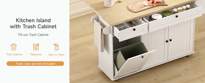 60" Rolling Kitchen Island with Drop Leaf, Power Outlet, and Trash Enclosure