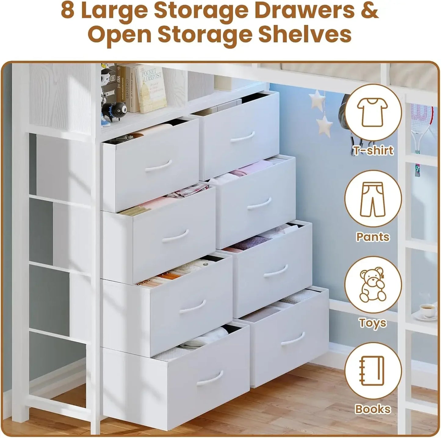 Metal Twin Loft Bed with Desk & 8 Storage Drawers in an attached Tall Dresser