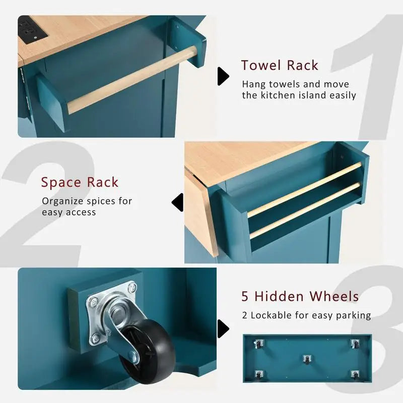 Large Rolling Kitchen Island with 2 Drop Leaves and Power Outlet