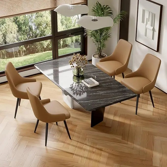 Set of Four Faux Leather Modern Dining Chairs with thick cushioned seats