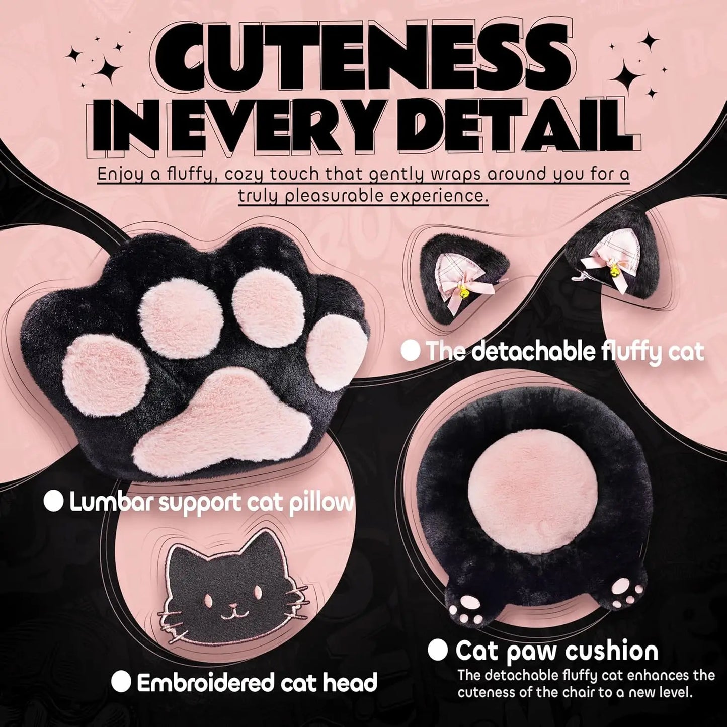 Cute Gaming Chair with Cat Ears & Paw Lumbar Cushion and Foot Rest