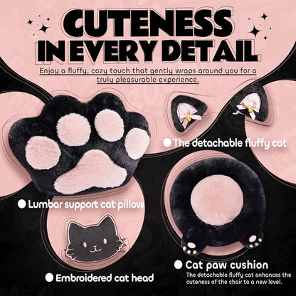 Cute Gaming Chair with Cat Ears & Paw Lumbar Cushion and Foot Rest