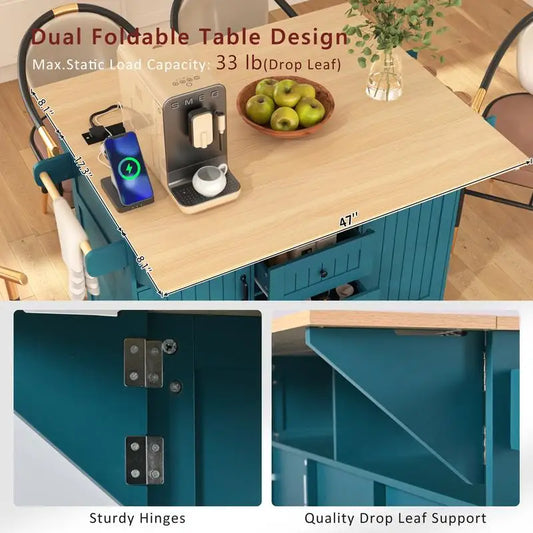 Large Rolling Kitchen Island with 2 Drop Leaves and Power Outlet