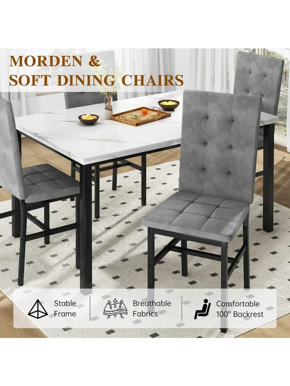 Faux Marble Dining Table Set with 4 Velvet Chairs
