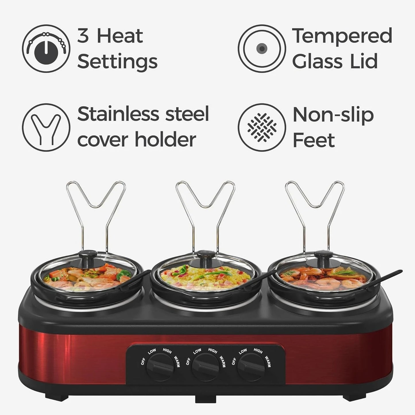 Removable 3 -1.5 Qt Red Ceramic Slow Cooker Pot set with separate Adjustable Temp controls and tempered Glass Lids