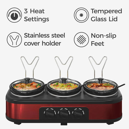 Removable 3 -1.5 Qt Red Ceramic Slow Cooker Pot set with separate Adjustable Temp controls and tempered Glass Lids