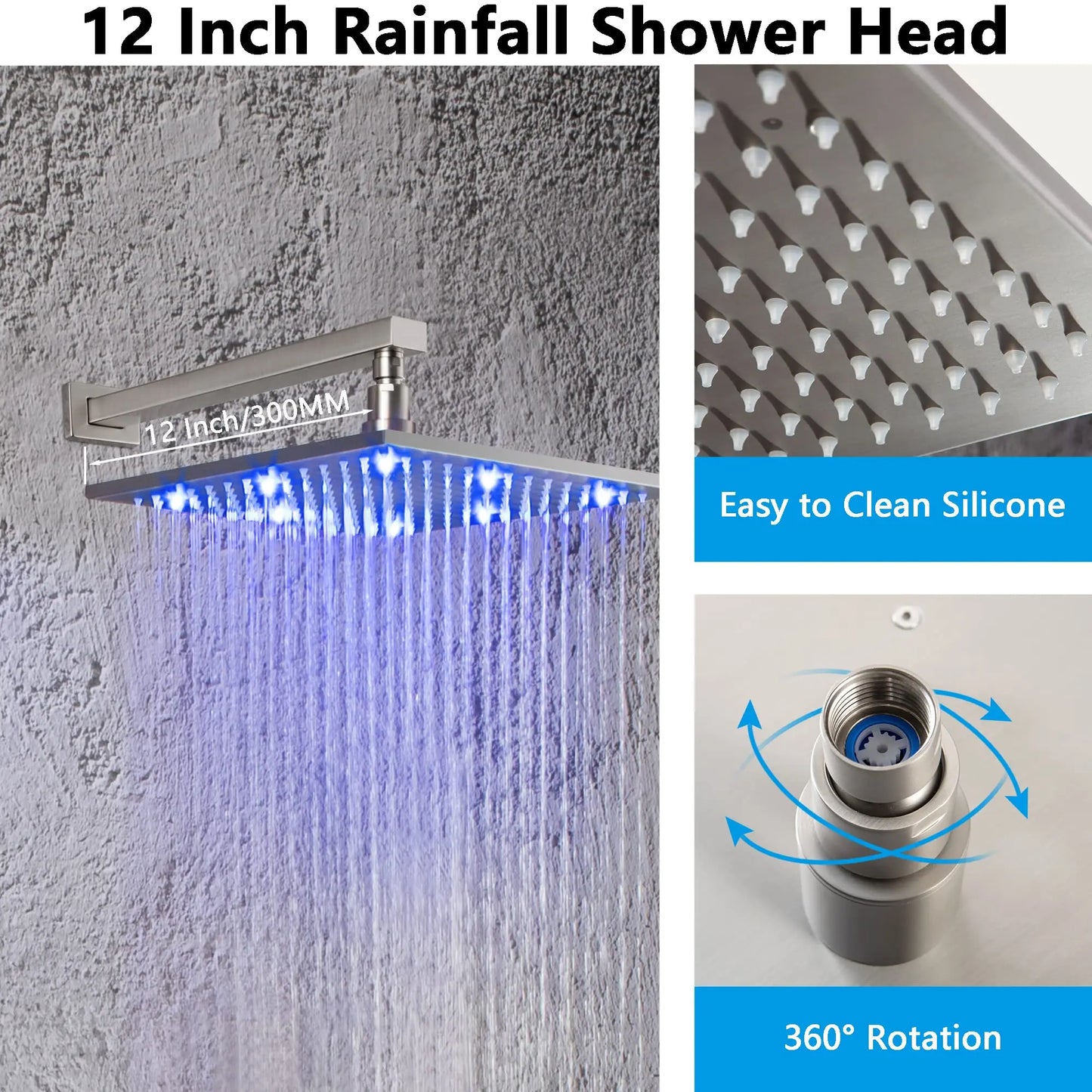12 Inch LED Rain Shower with 6 Full adjustable Body Jets and a separate Handheld Sprayer