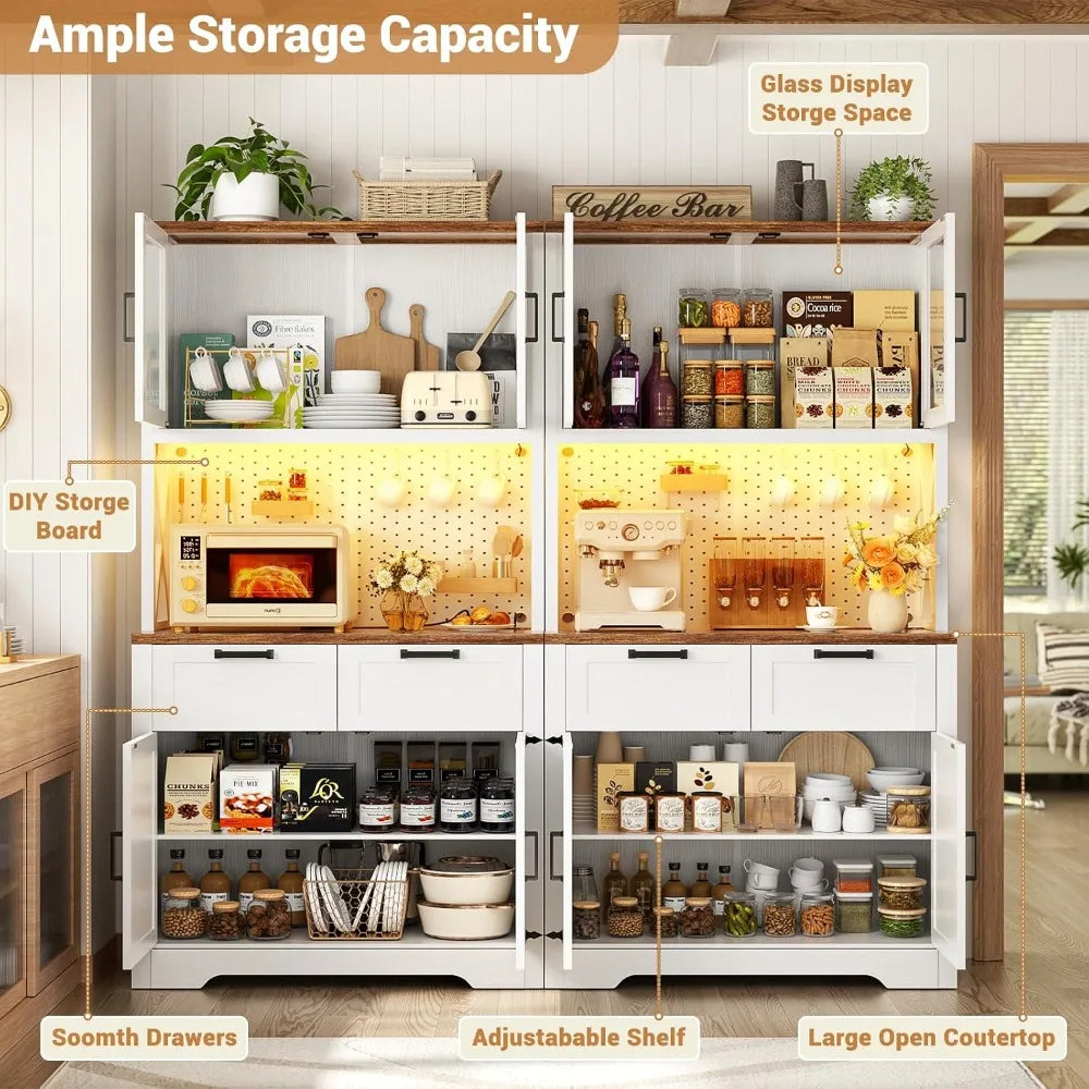 71"Tall Wood Kitchen Pantry Cabinet with LED Light and Power Outlet