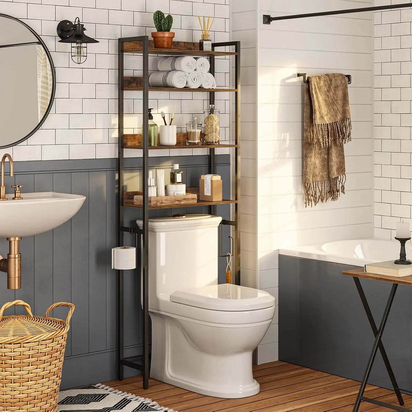 Space-saving 4-Tier Storage Rack with Hooks in rustic brown