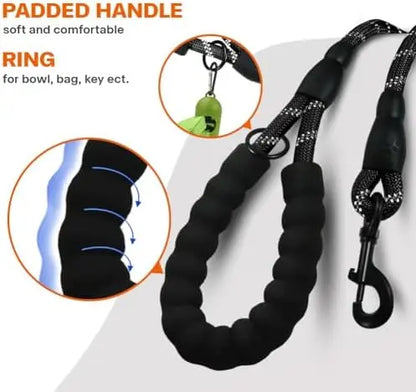 Black Reflective Rope Leash with Waste Bags
 for Medium and Large Dogs