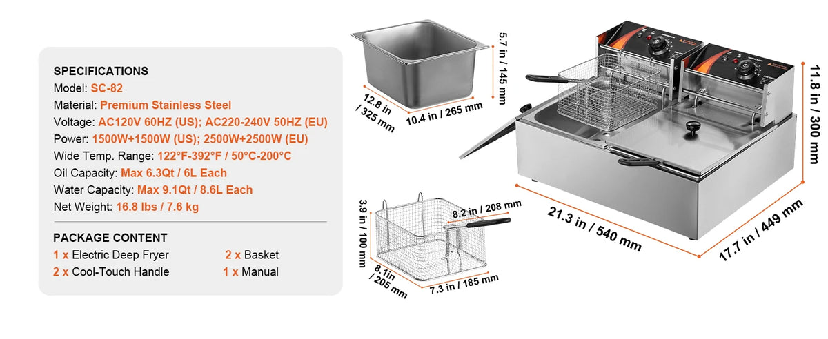 12L Electric Countertop Deep Fryer w/Dual Removable Tanks