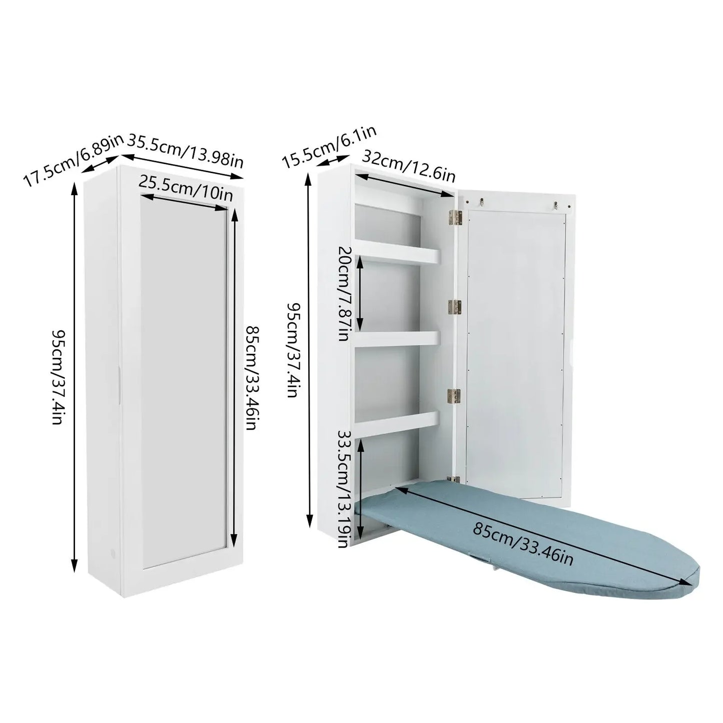 Hide Away Wall Mounted Ironing Board With 3 Tier Shelf & Mirror