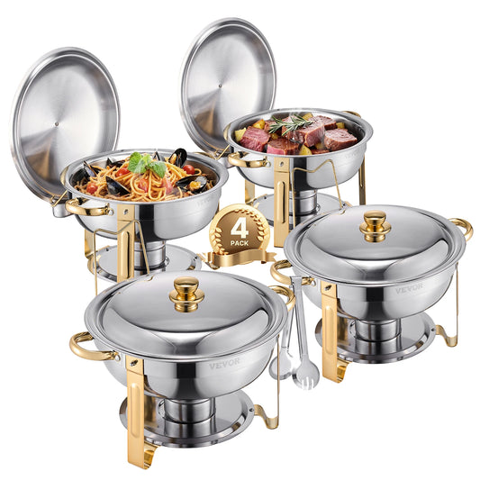 Stainless Steel Chafing Dish Set with 4 Full Size Round Pans Capacity of 5 Qt