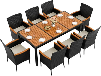 9 Piece Acacia Wood and Wicker Dining Patio Set with Chairs