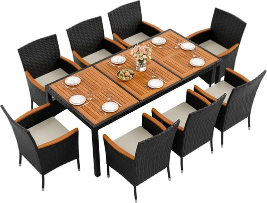 9 Piece Acacia Wood and Wicker Dining Patio Set with Chairs