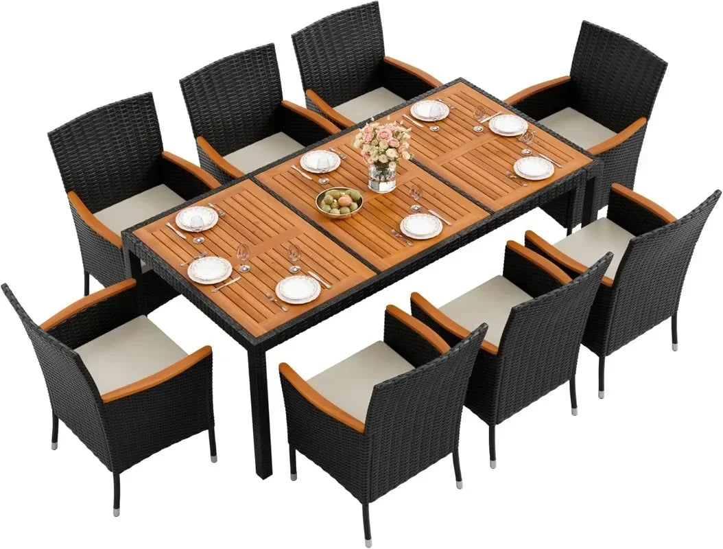 9 Piece Acacia Wood and Wicker Dining Patio Set with Chairs