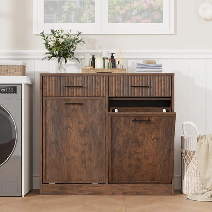 Wood Tilt Out Laundry Hamper Cabinet With Drawers and Baskets