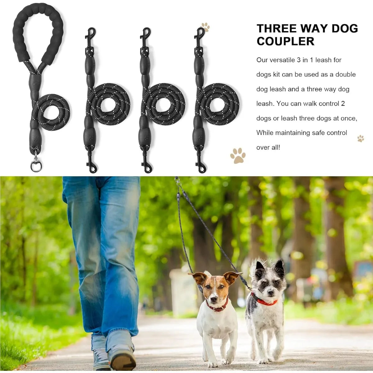 Detachable 3-in-1 Triple Dog Leash with Padded Handle