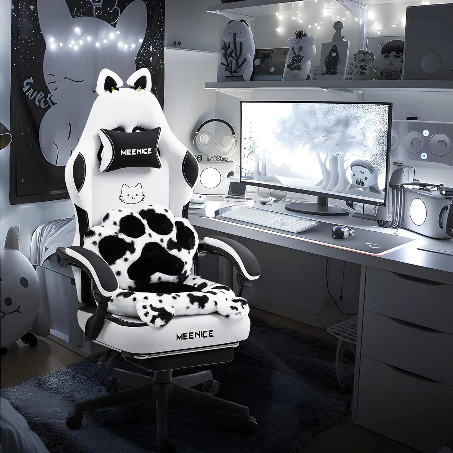 Cute Gaming Chair with Cat Ears & Paw Lumbar Cushion and Foot Rest