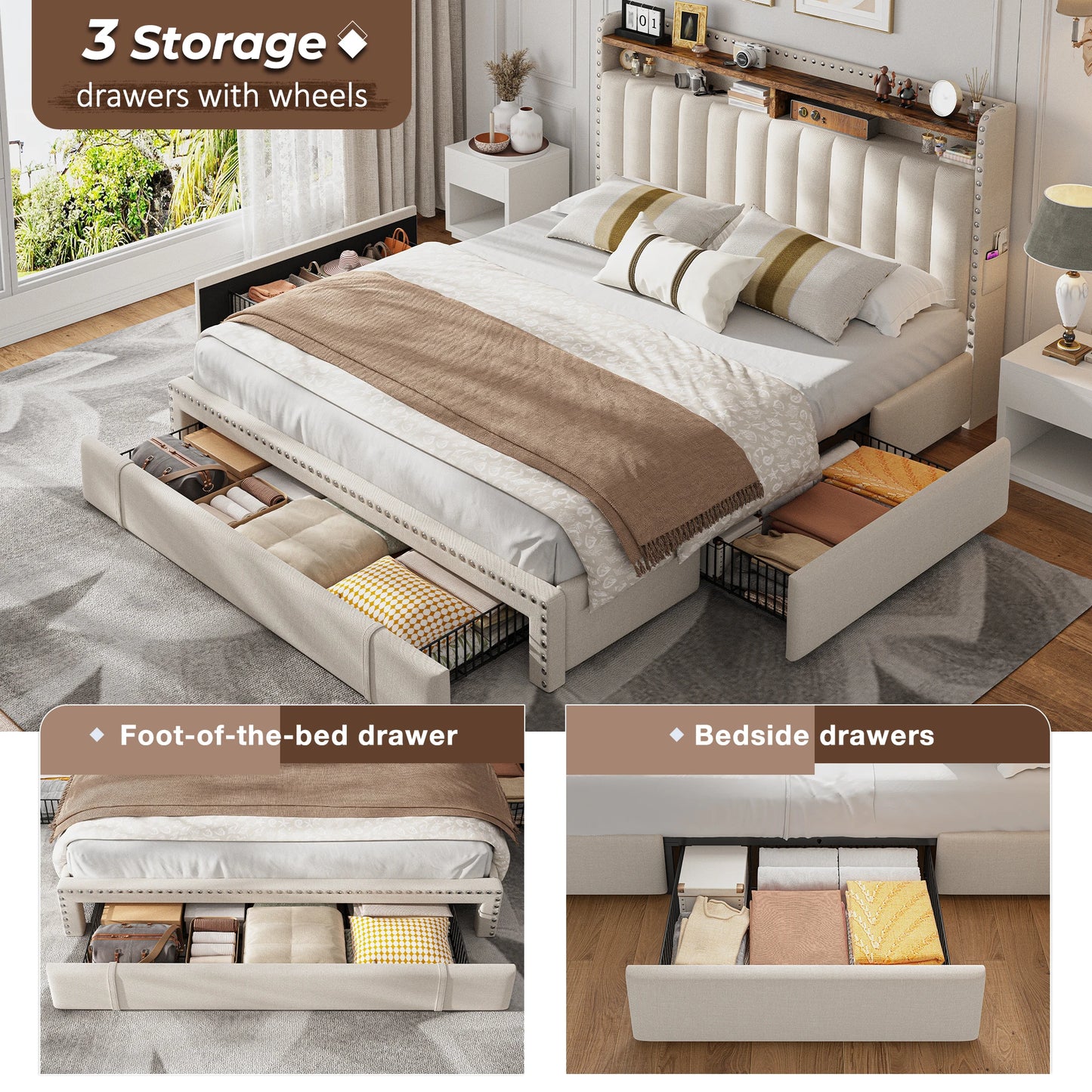Full, Queen or King Platform Bed Frame with 3 Drawers and 2-Tier Storage
