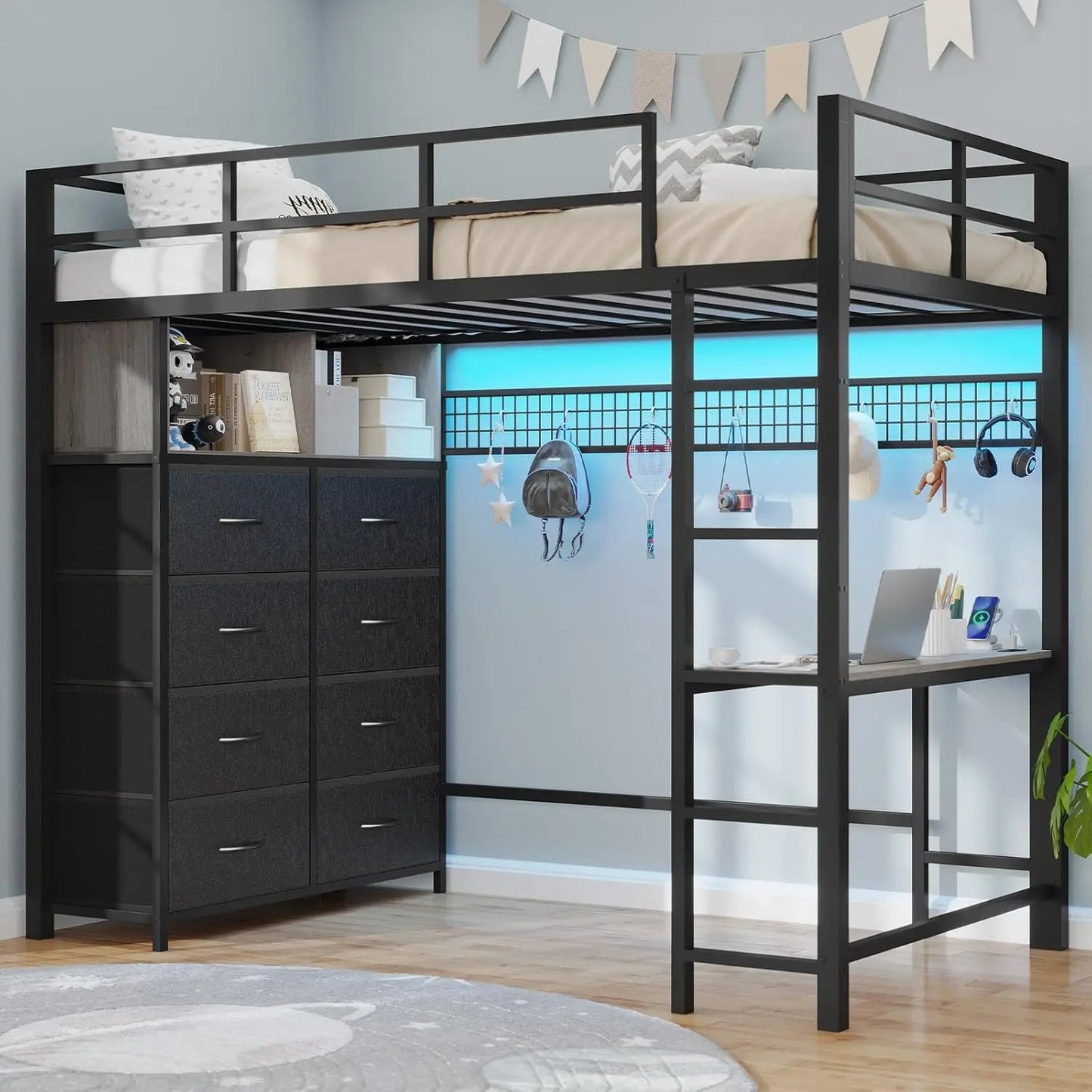 Metal Twin Loft Bed with Desk & 8 Storage Drawers in an attached Tall Dresser