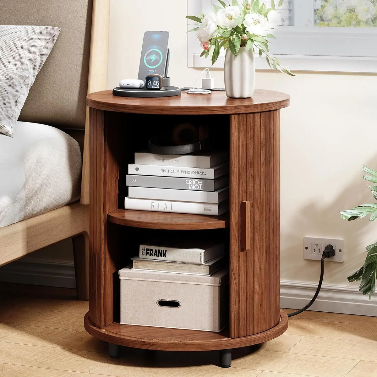 Fluted Round Nightstand with Charging Station for your Bedroom
