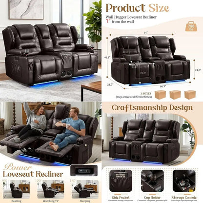 Wall Hugger Power Reclining PU Leather Loveseat Sofa with Cup Holders, LED Light, and USB Ports