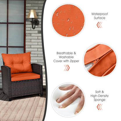 3 Piece Cushioned Rattan Furniture Set with small glass table