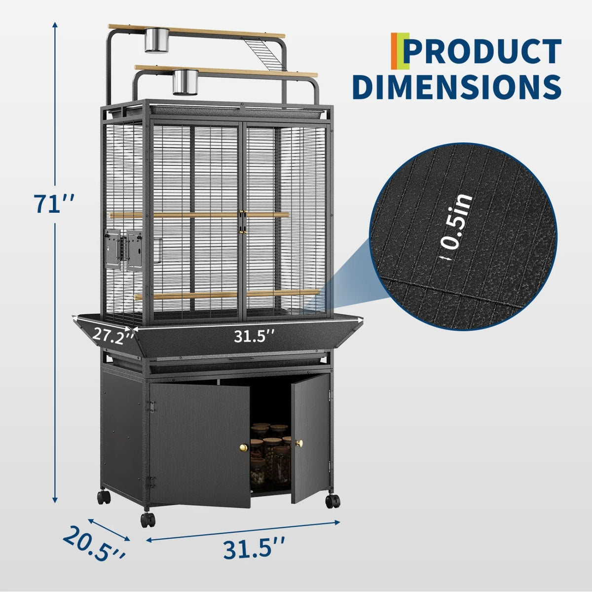 71" Extra Large Corner Rolling Bird Cage with Play Top & Storage Cabinet