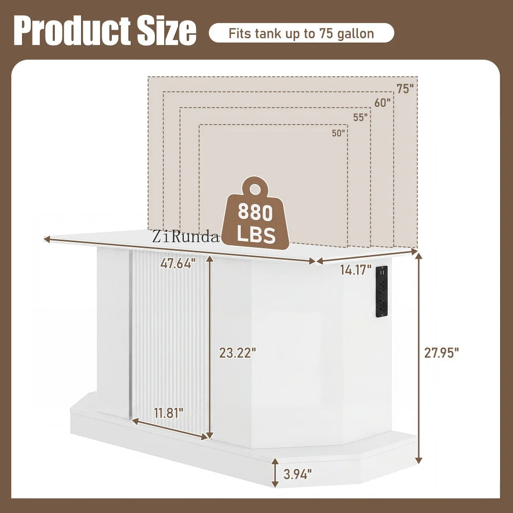 55-75 Gallon Fish Tank Stand with large Cabinet, Shelving, LED Lights, and Power Outlets