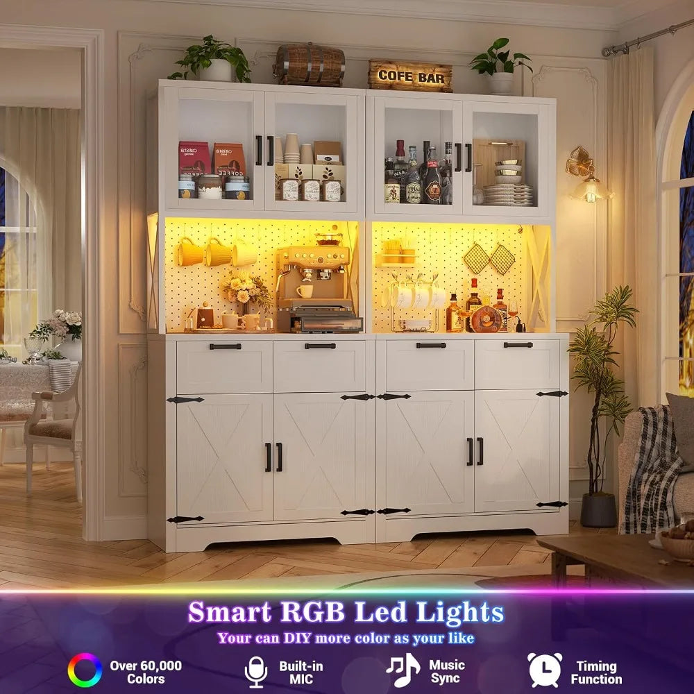 71"Tall Wood Kitchen Pantry Cabinet with LED Light and Power Outlet