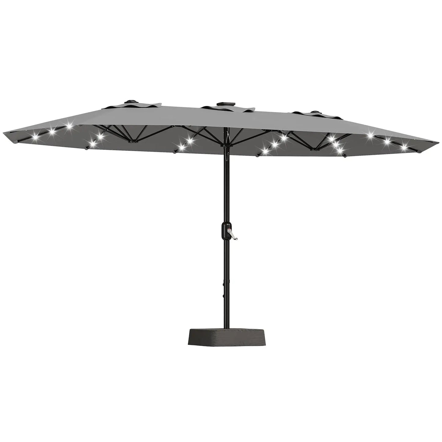 15Ft Outdoor Patio Umbrella with Solar LED Lights, Crank Handle, and Base