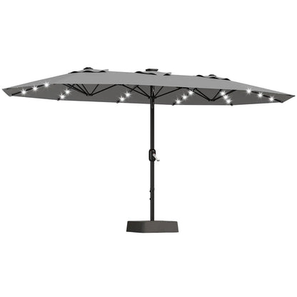 15Ft Outdoor Patio Umbrella with Solar LED Lights, Crank Handle, and Base