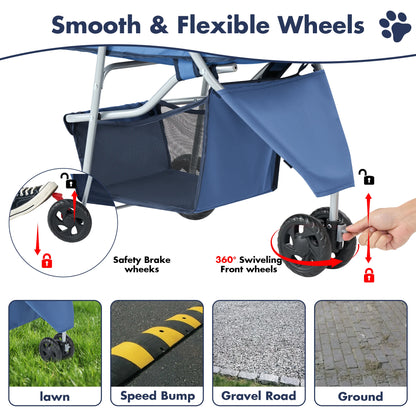 Foldable Pet Stroller for Small Dogs and Cats with Mesh Windows, Storage Basket, and Cup Holder